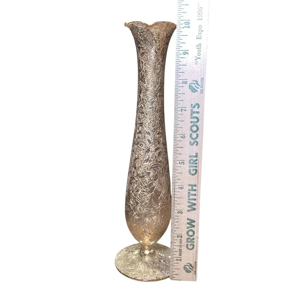 Vintage Embossed Floral Metallic Gold Glass Bud Vase 10 Inch Scalloped Rim